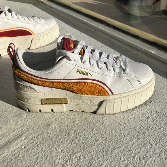 Puma Shoes - Burgundy and mustard, yellow platform pumas